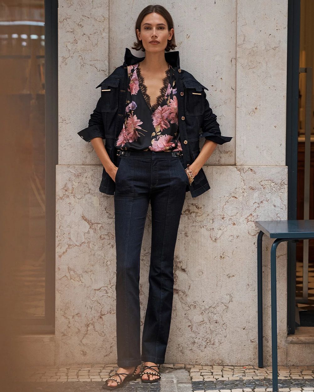 High Rise Faux Leather Detail Bootcut Jean click to view larger image.