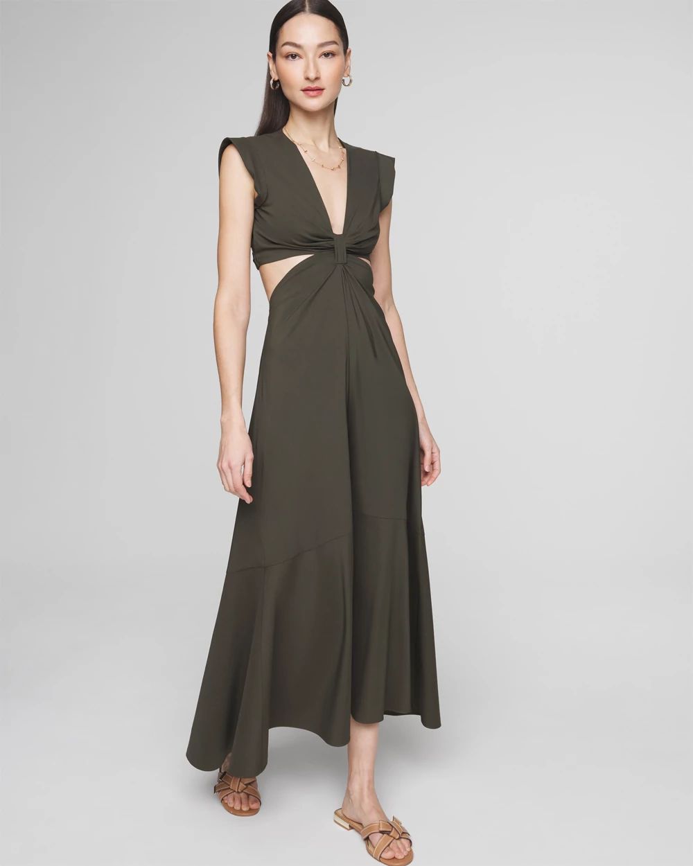Cap Sleeve V-Neck Cutout Midi Dress