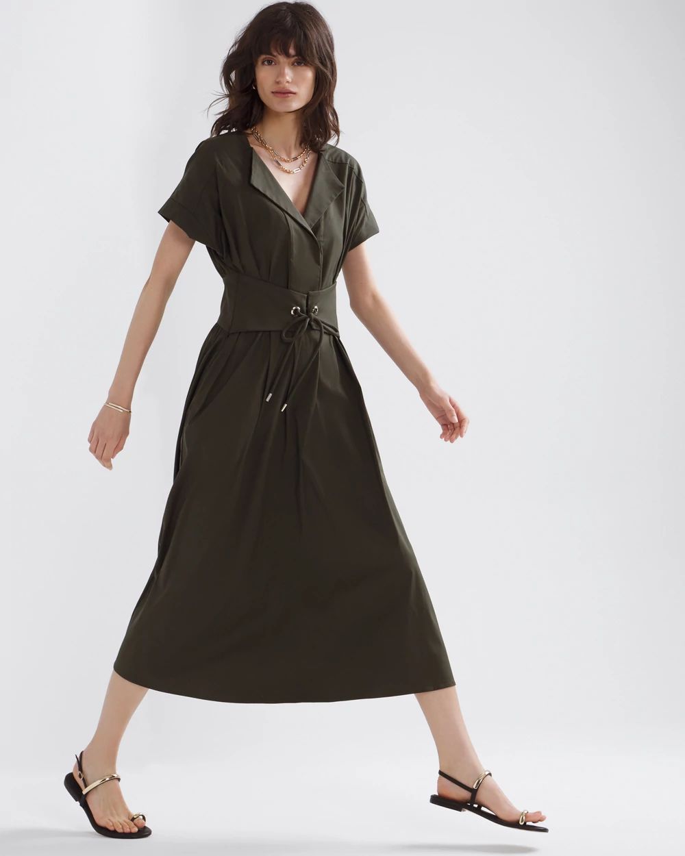 Short Sleeve Collar Poplin Midi Dress click to view larger image.