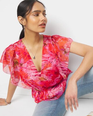 Short Sleeve Flutter Sleeve V-Neck Blouse