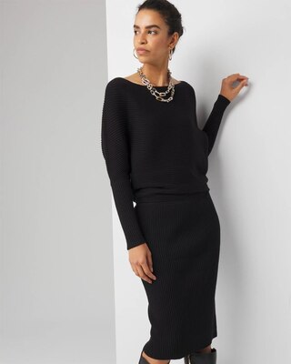 Off-Shoulder Ribbed Sweater Dress click to view larger image.