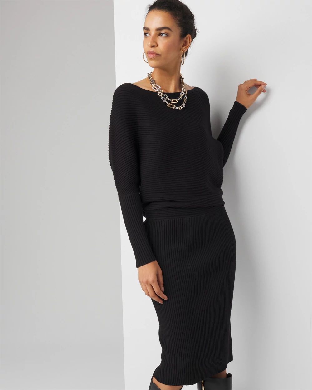 Off-Shoulder Ribbed Sweater Dress click to view larger image.