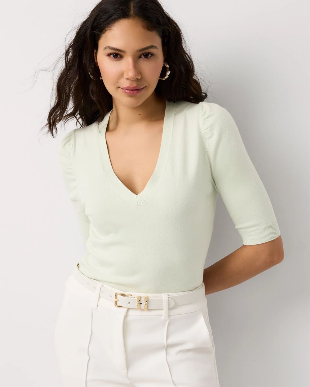Ruched Sleeve V-neck Pullover