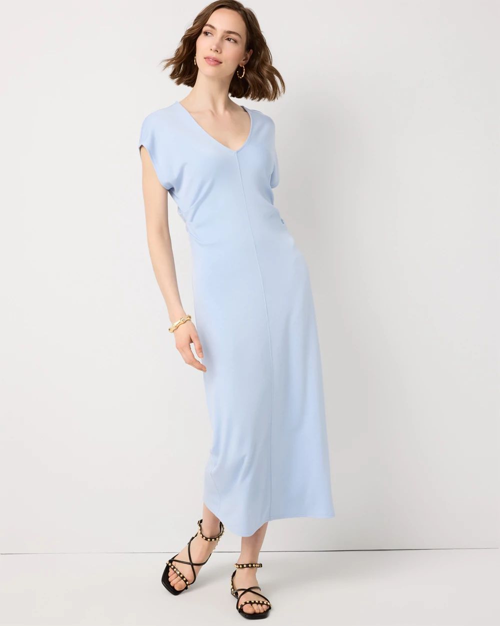 Petite Gathered Waist Short Sleeve Midi Dress