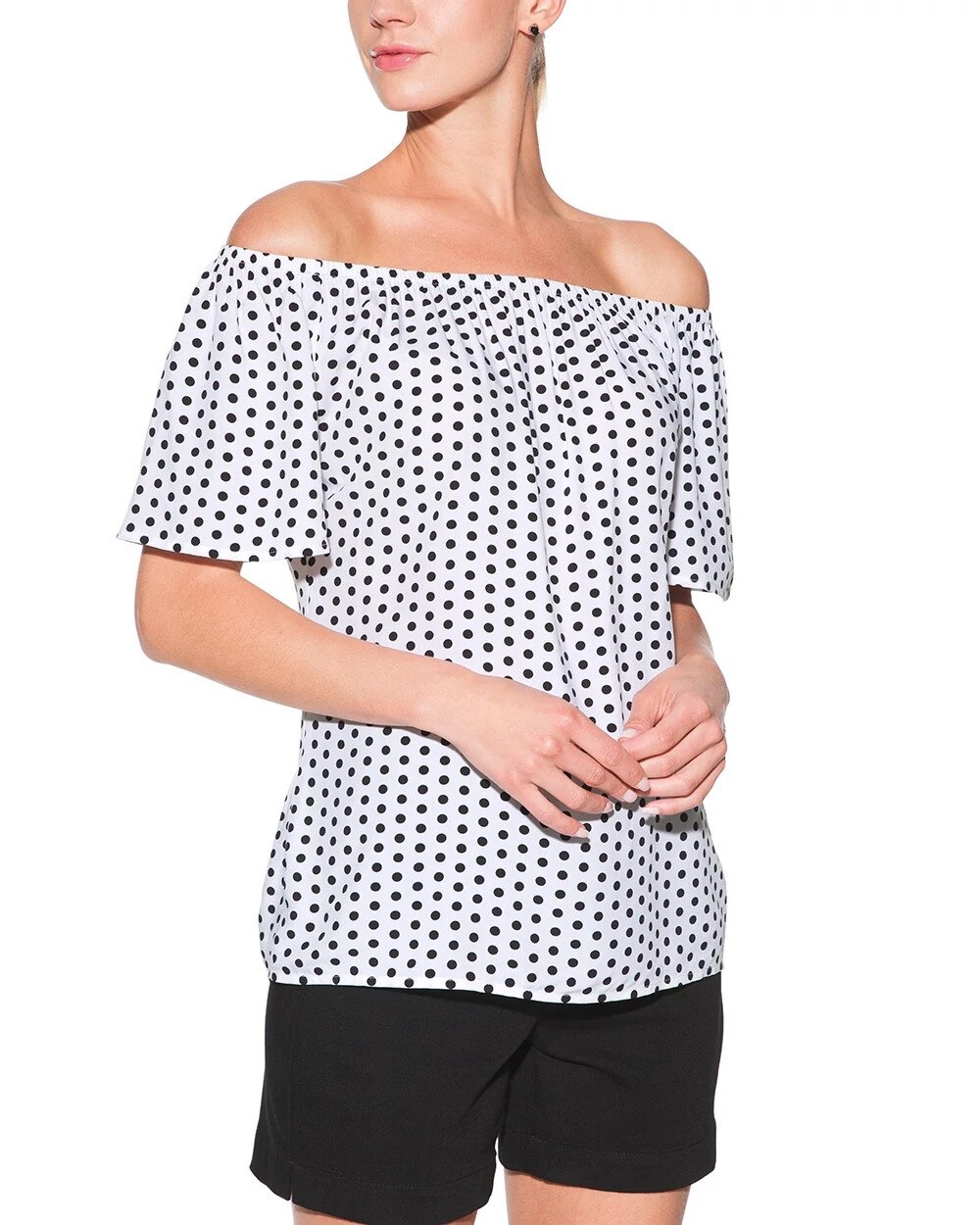 white polka dot off the shoulder top