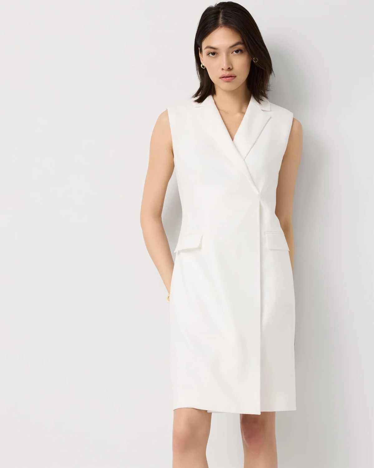 White House Black Market Crosshatch Faux Wrap Blazer Dress In White