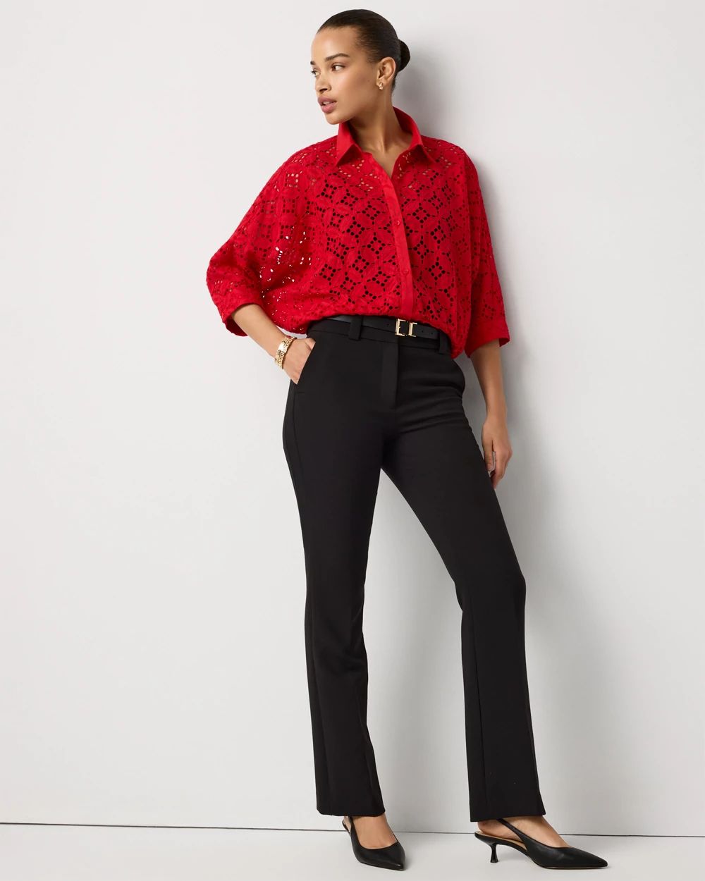 Eyelet Button Front Cotton Shirt