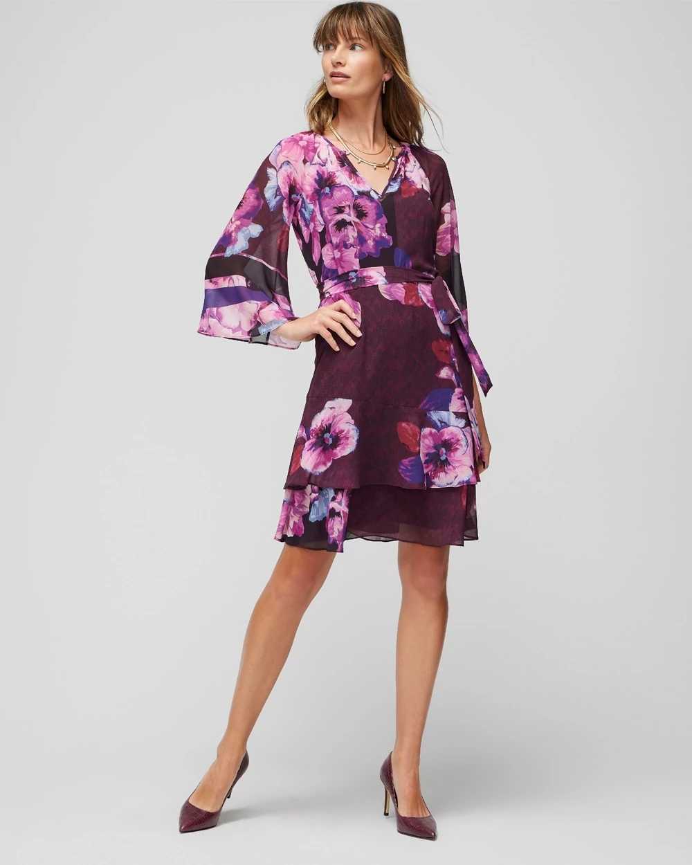 3/4 Sleeve Ruffle Blouson Dress click to view larger image.