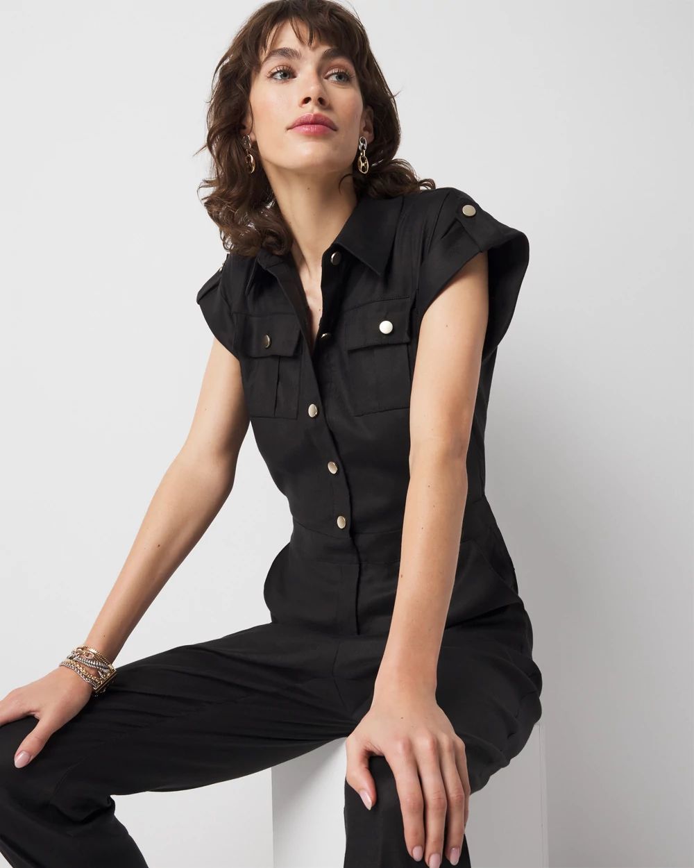 Linen-Blend Short-Sleeve Utility Jumpsuit