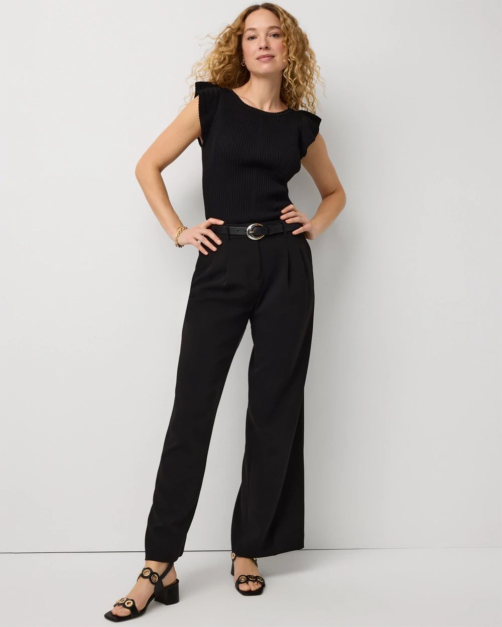 Flutter Sleeve Ribbed Pullover Sweater