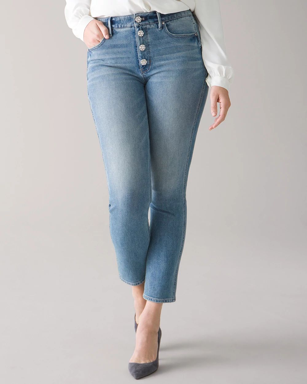Curvy-Fit High-Rise Sculpt Jewel Button Straight Ankle Jeans click to view larger image.