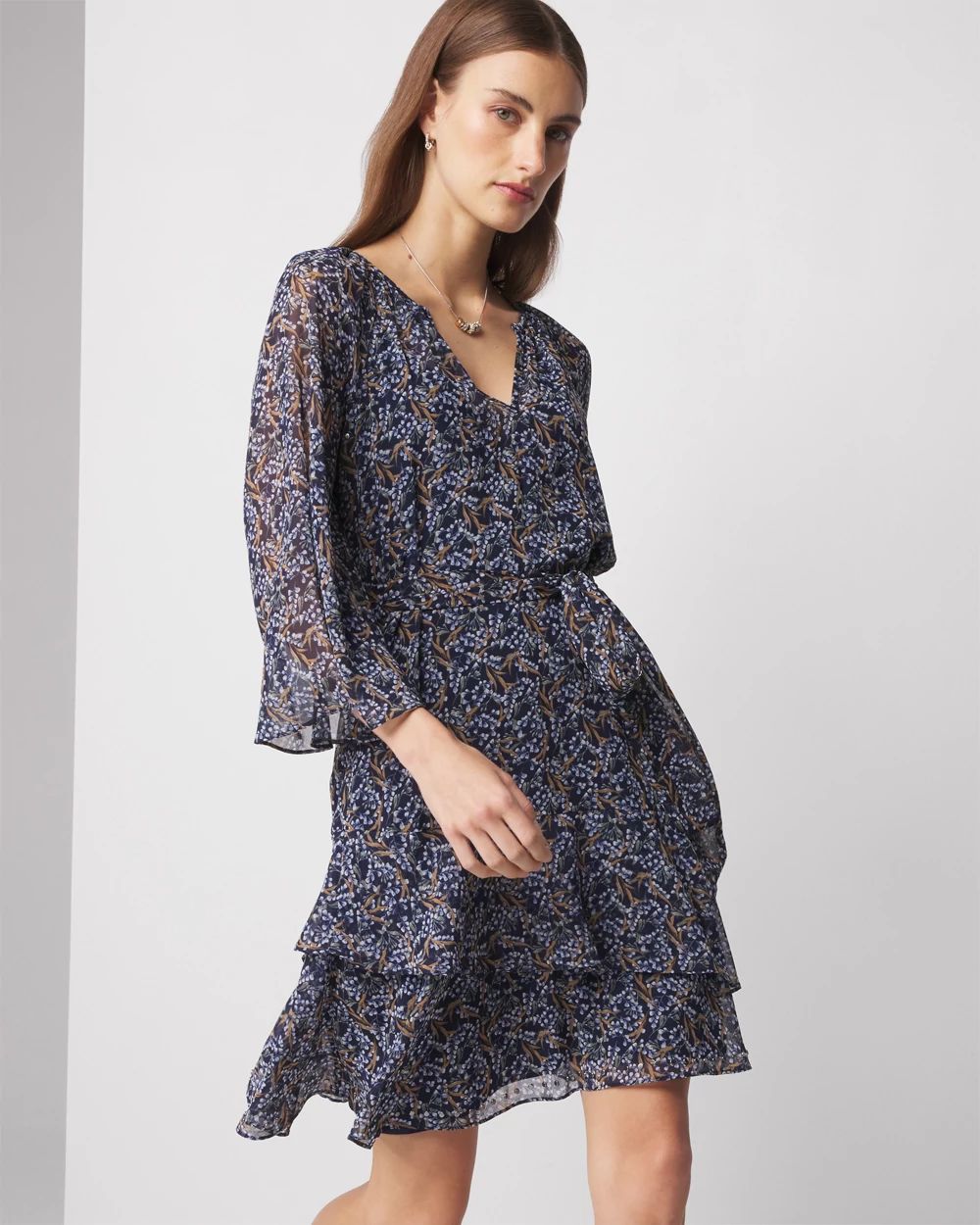 3/4 Sleeve Printed Godet Dress