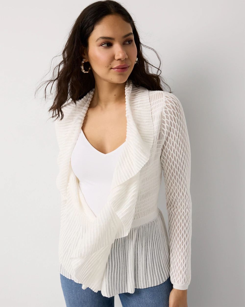 Petite Long Sleeve Pointelle Peplum Cardigan