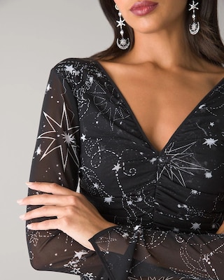 Long-Sleeve Ruched Mesh Dress