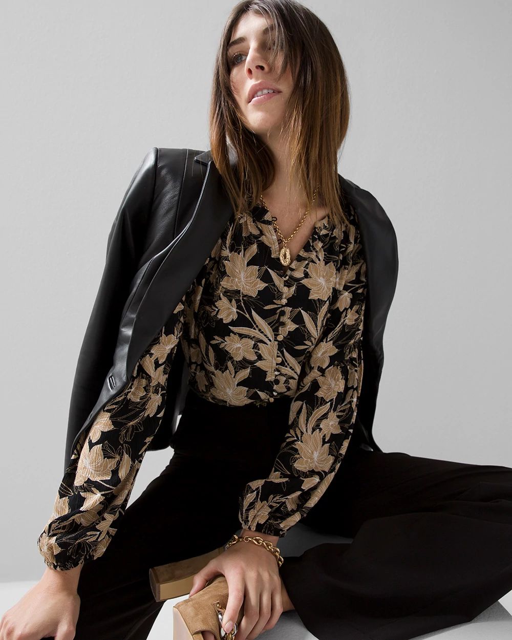 Long Sleeve High-Low Printed Blouse
