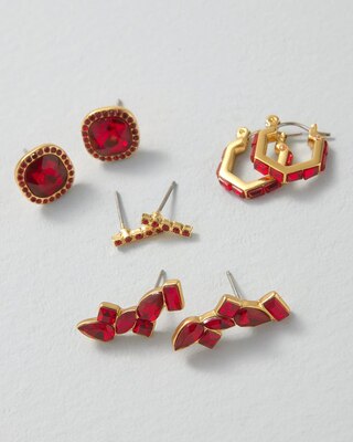 Goldtone & Red 4-Pack Earrings