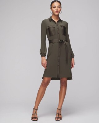 Long Sleeve Matte Jersey Shirtdress With Satin