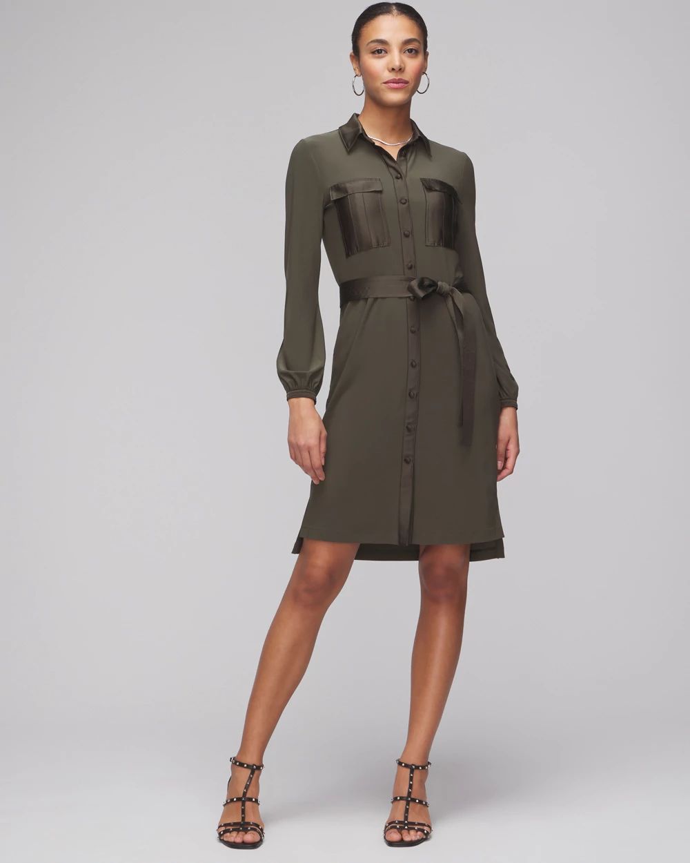 Long Sleeve Matte Jersey Shirtdress With Satin