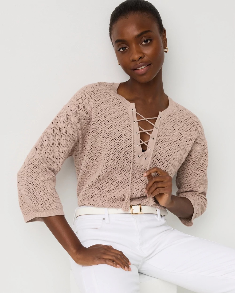 Lace-Up Notch Neck Pullover