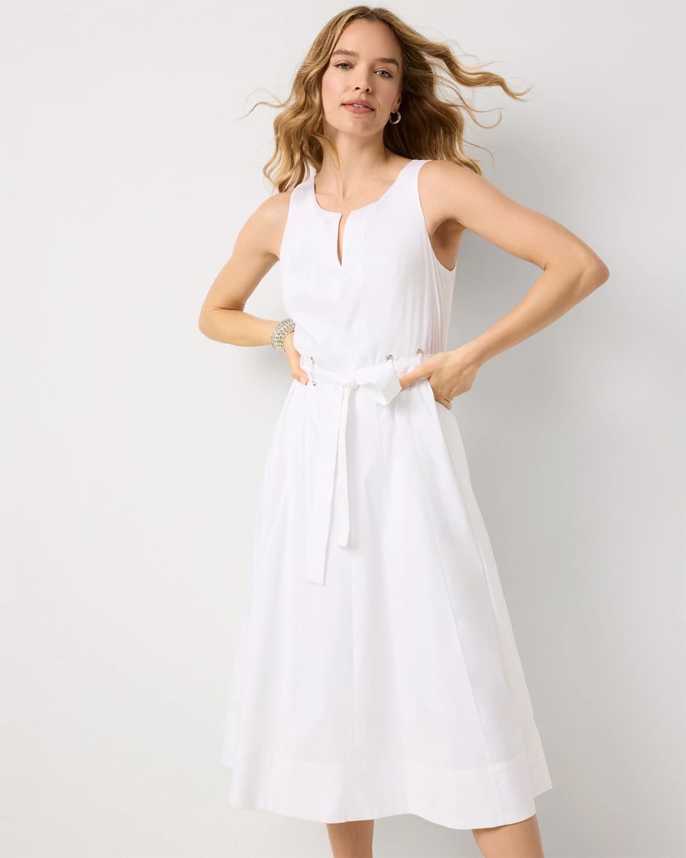 Poplin Notch V-neck Midi Dress