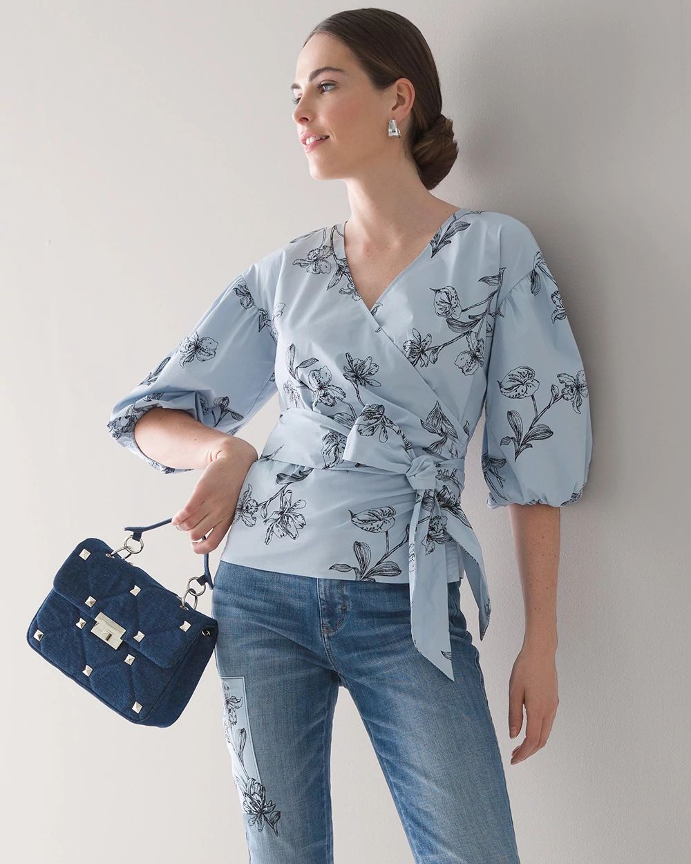 Striped 3/4-Sleeve Poplin Wrap Blouse