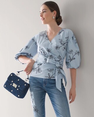 Striped 3/4-Sleeve Poplin Wrap Blouse