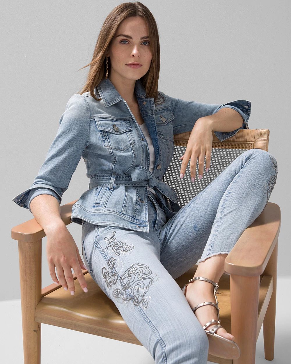 High-Rise Ball Chain Embroidered Skinny Jeans click to view larger image.