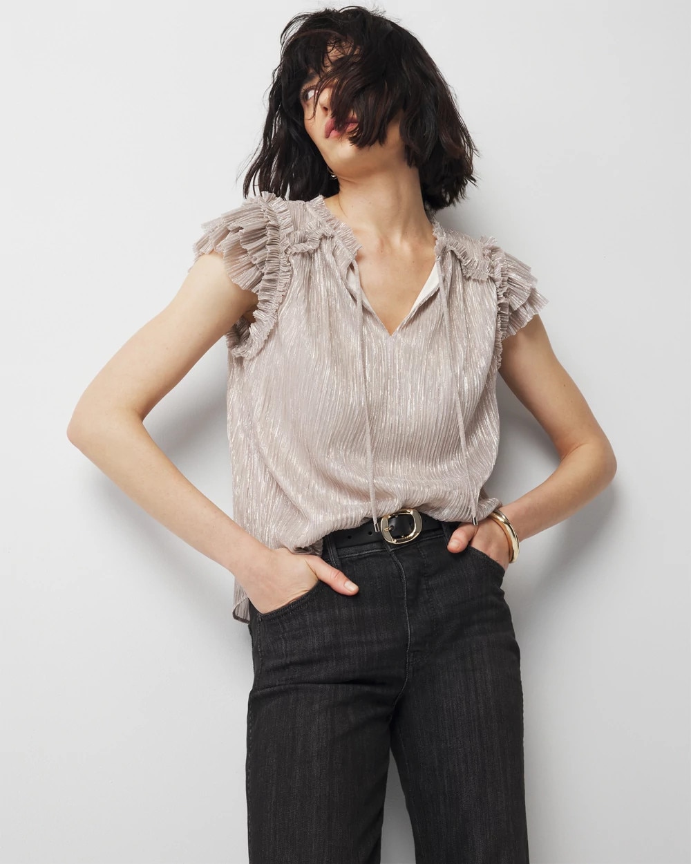 Petite Ruffle Tie-Neck Shimmer Top
