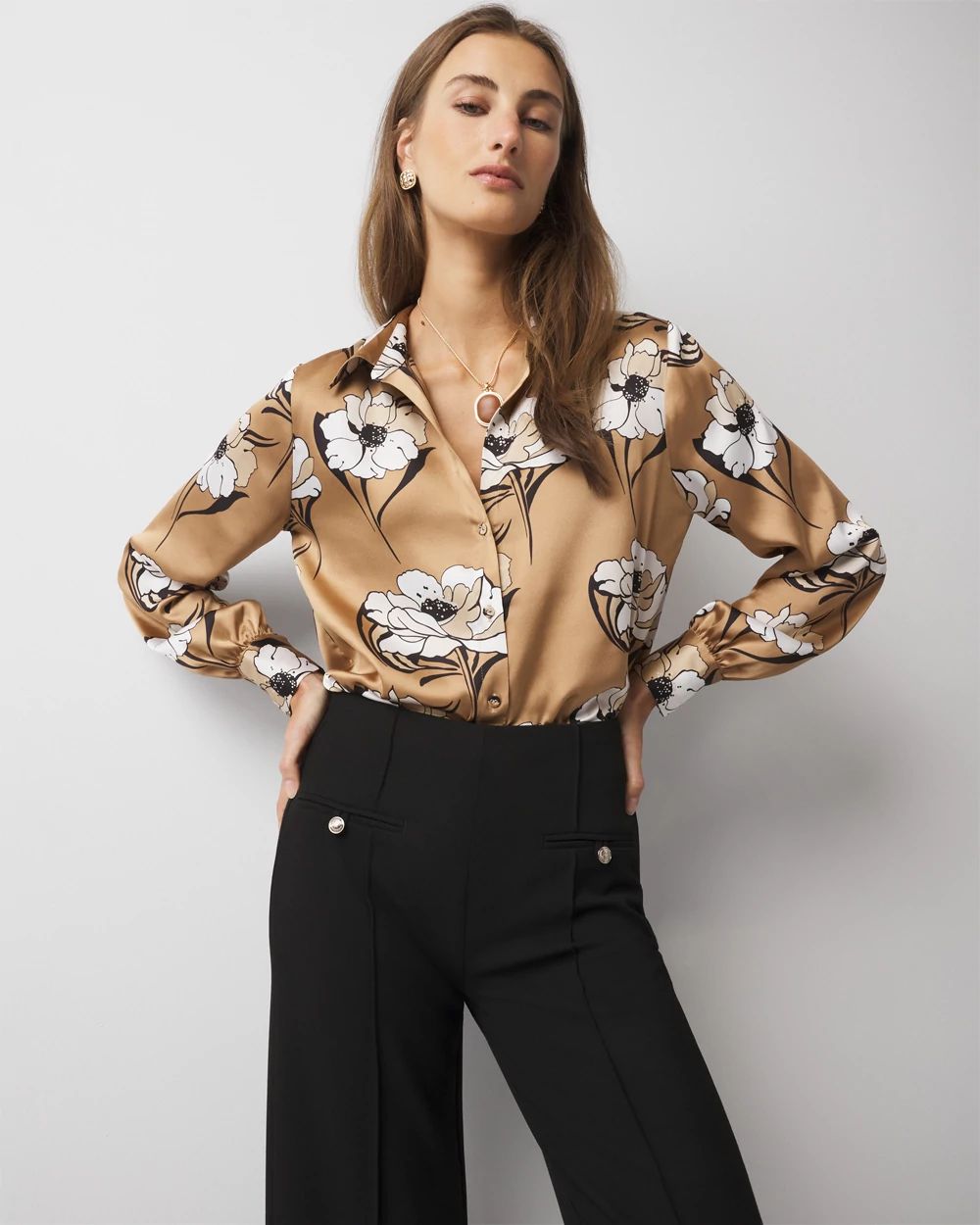 Petite Long Sleeve Cuff Satin Shirt