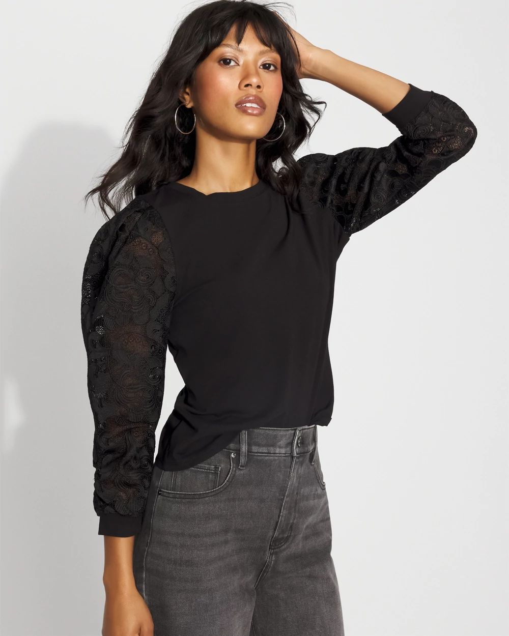 Pleated Lace Sleeve Crewneck Tee