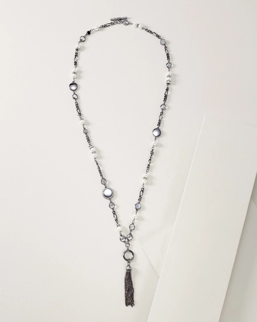 Hematite & Pearl Convertible Tassel Necklace click to view larger image.