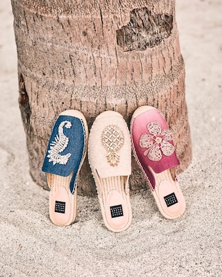 Jeweled Seahorse Denim Espadrille Slides