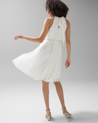 Sleeveless Pleated Halter Dress with Chain Detail