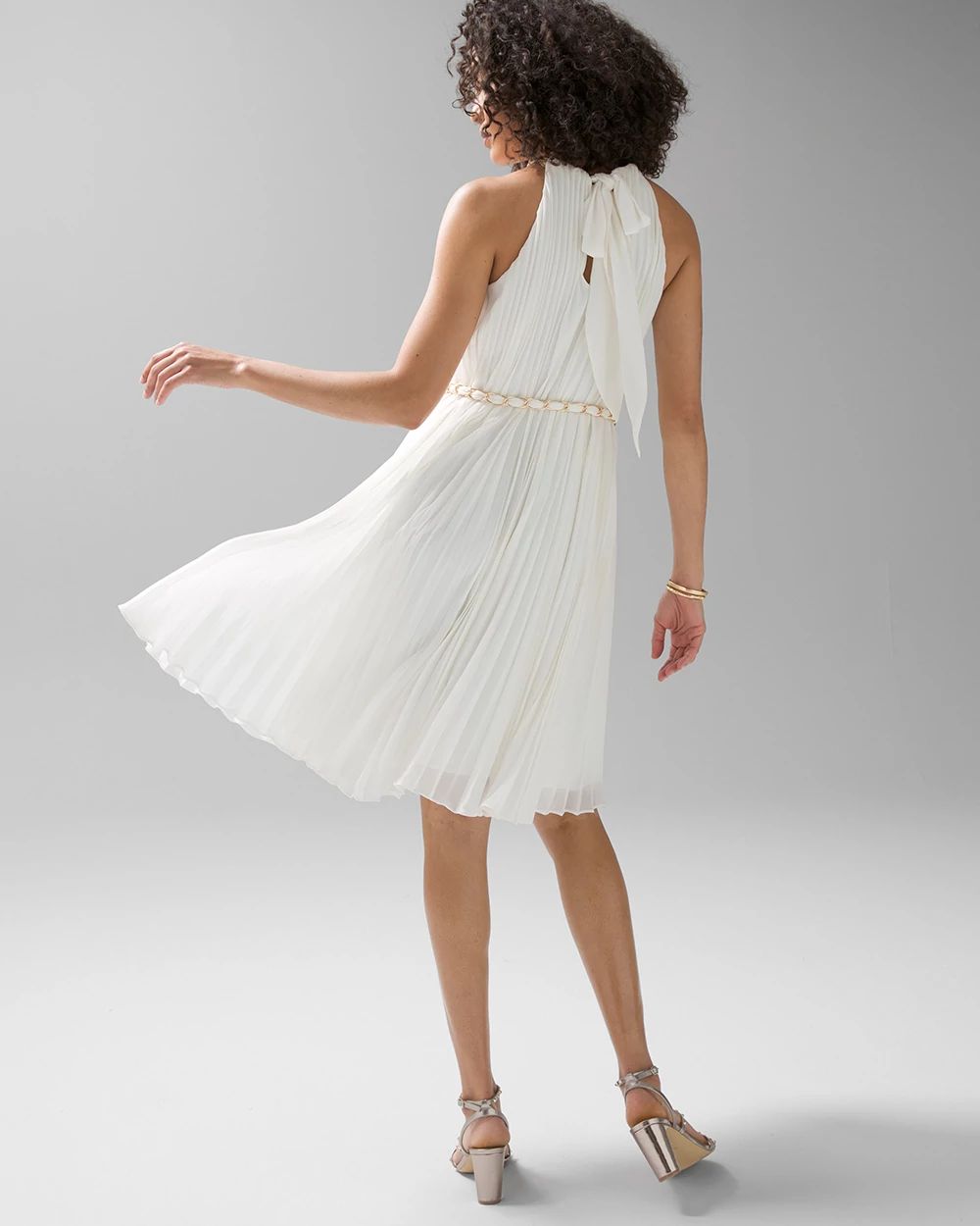 Sleeveless Pleated Halter Dress with Chain Detail