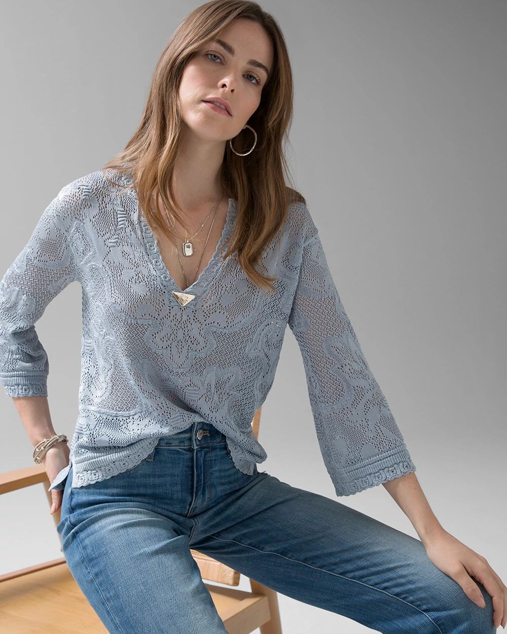 Pointelle Stitch 3/4 Sleeve Sweater