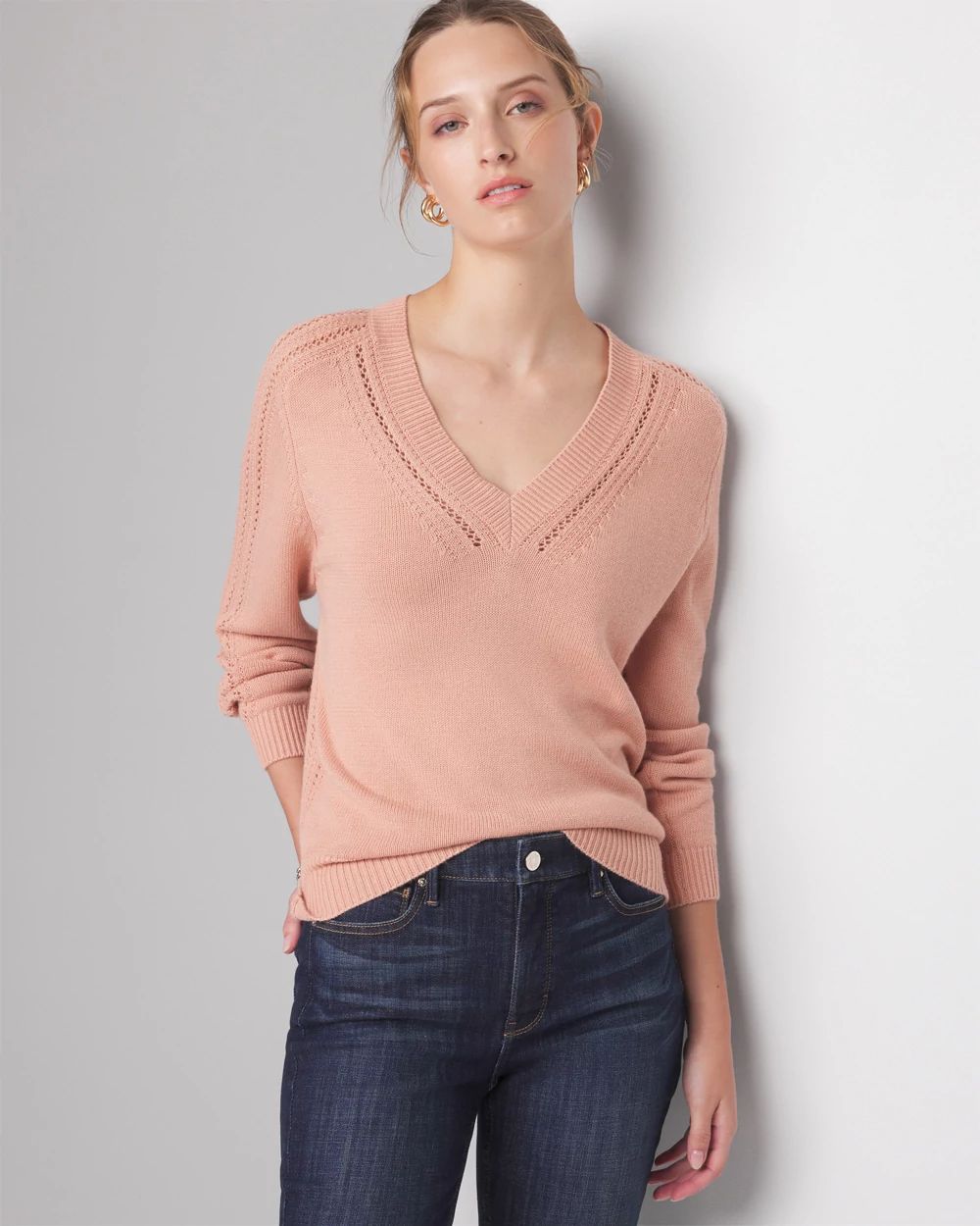 Cashmere Blend Pointelle V-Neck Sweater