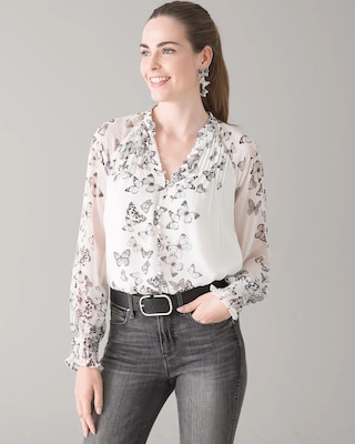 Pleated Butterfly Print Blouse