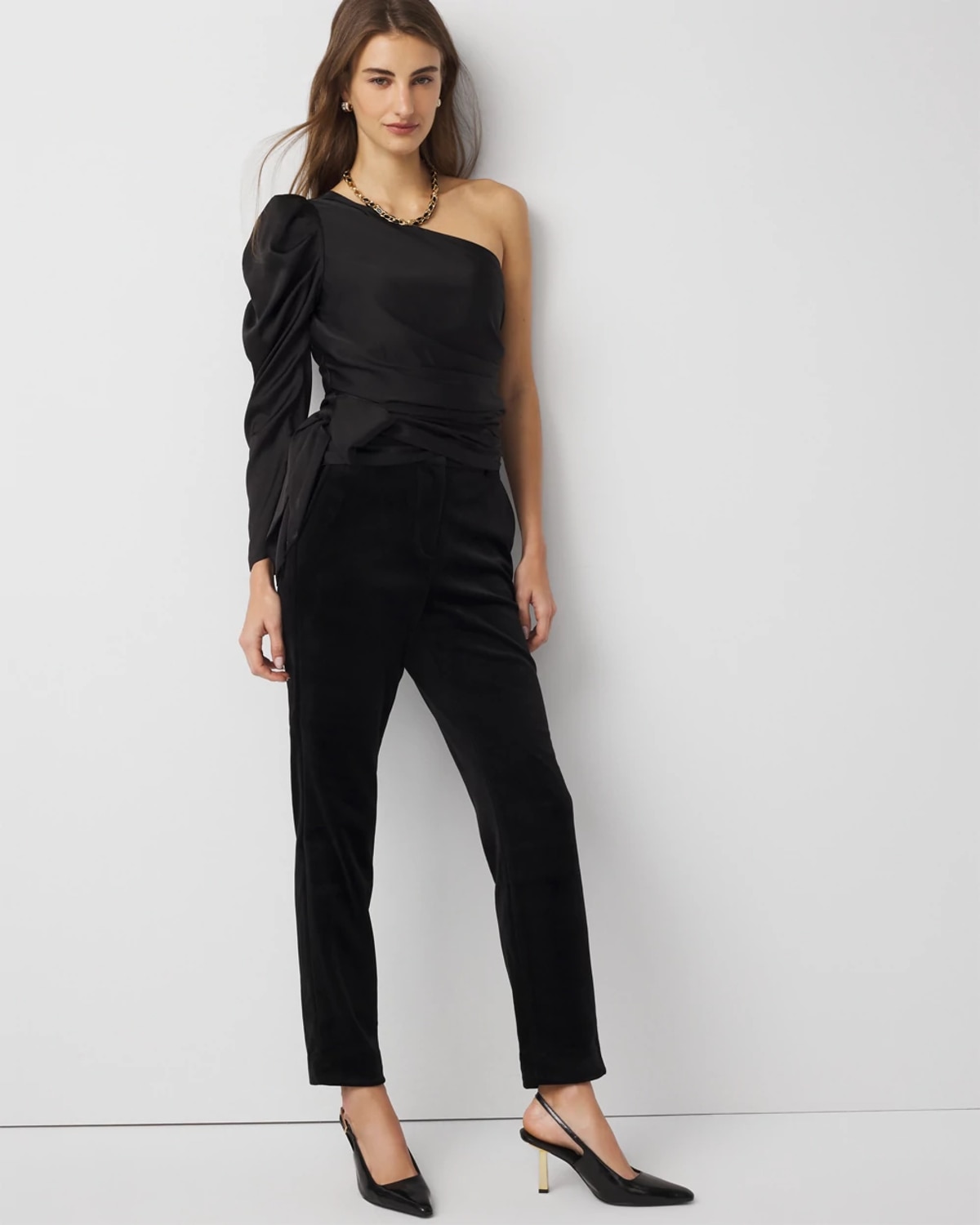White House Black Market One-shoulder Tie-waist Satin Blouse In Black