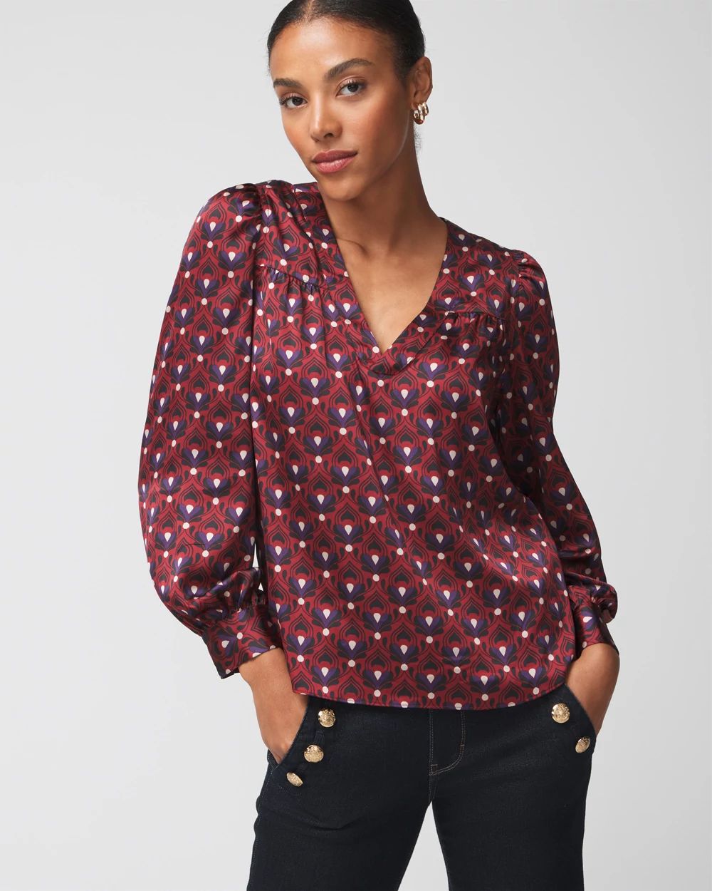 Long Sleeve Topstitch Satin Blouse