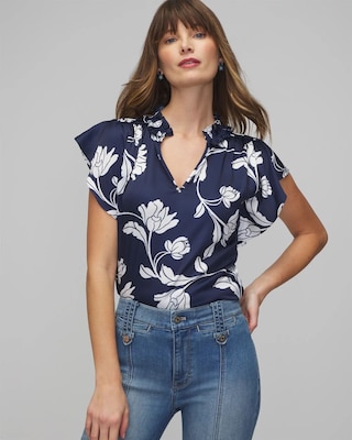 Petite Ruched Neck Flutter Shell Top