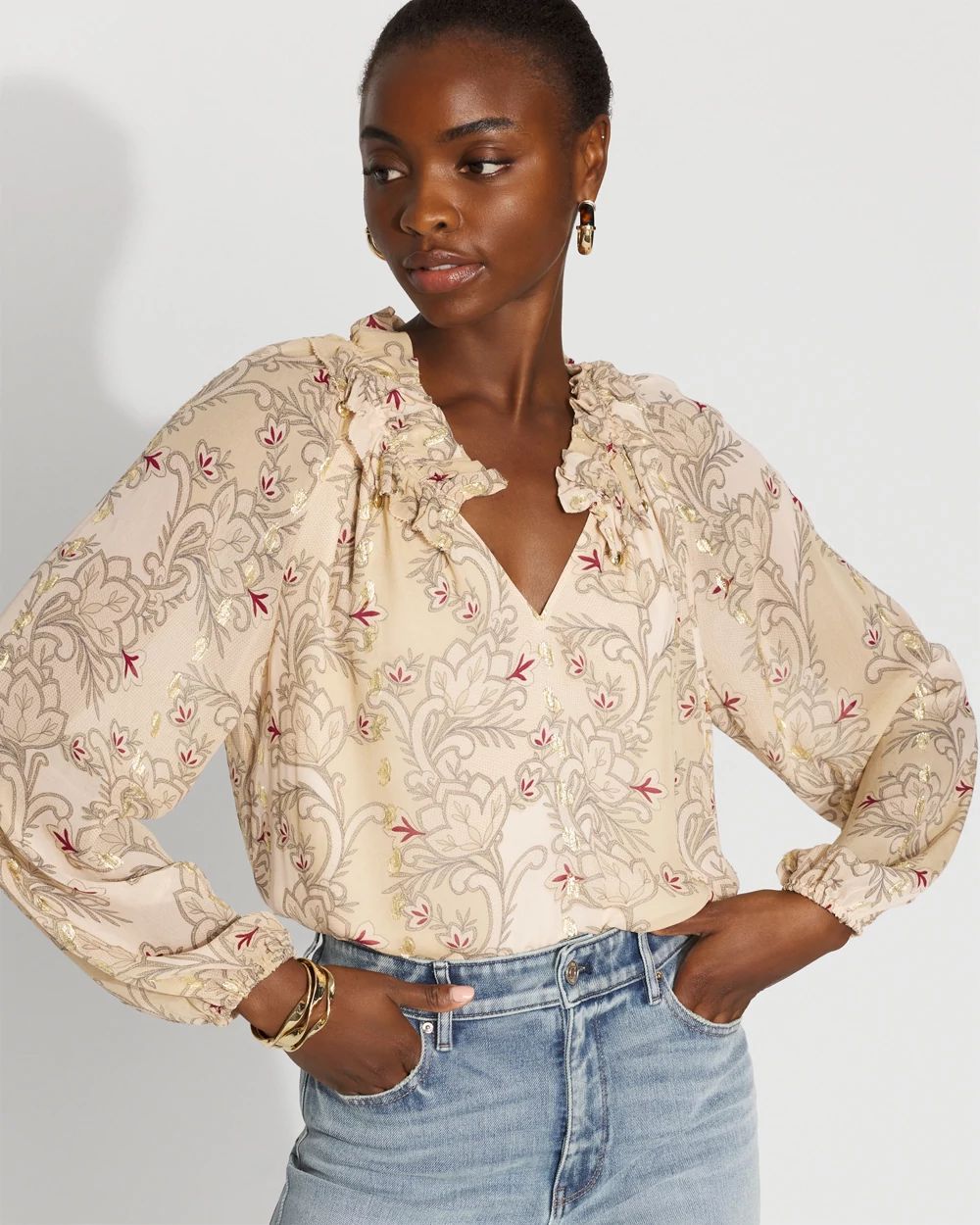 Floral Ruffle Neck Blouse with Gold Clip