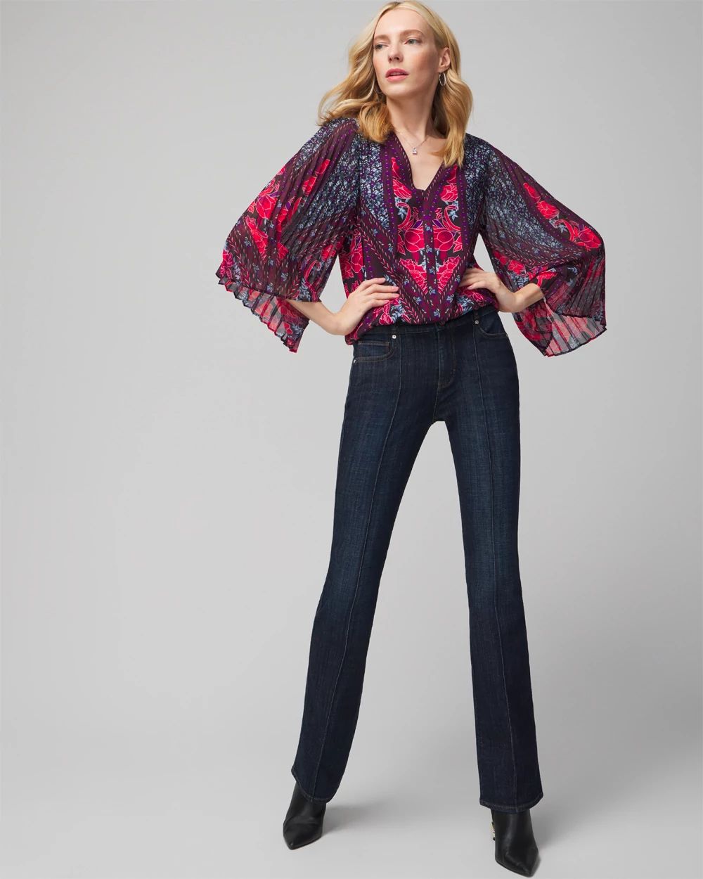 Long-Sleeve Mixed-Print Blouse