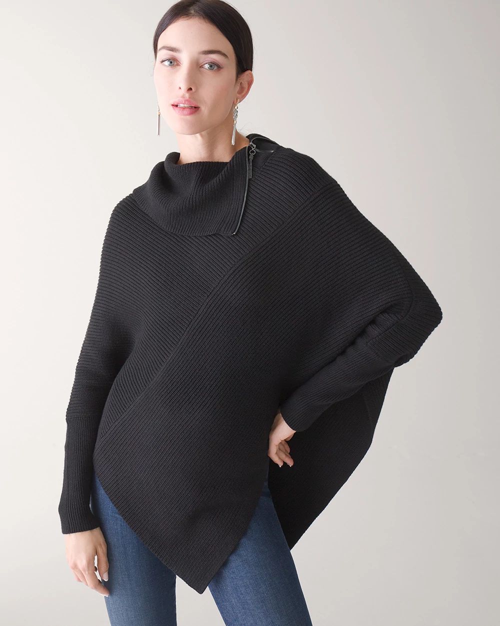 Zip Split Neck Poncho Sweater click to view larger image.