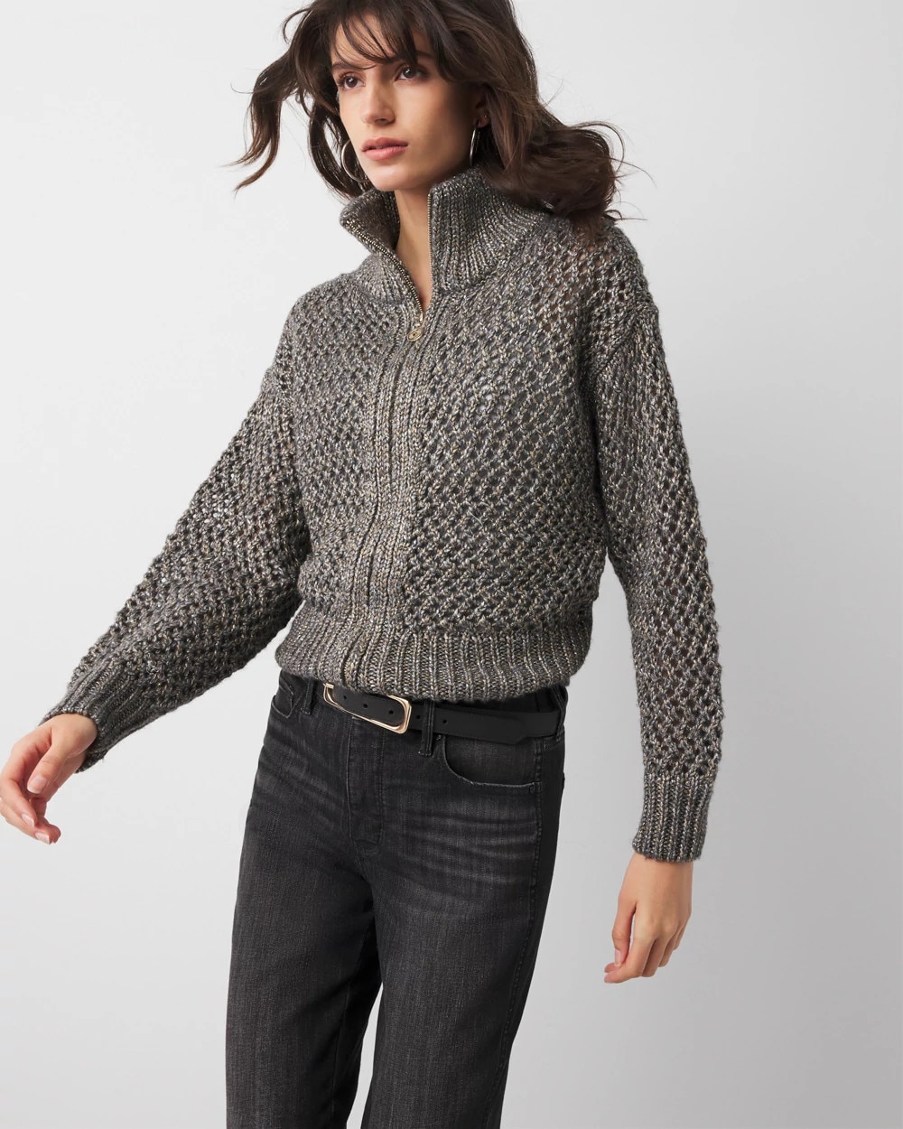 Open Stitch Zip-Up Cardigan