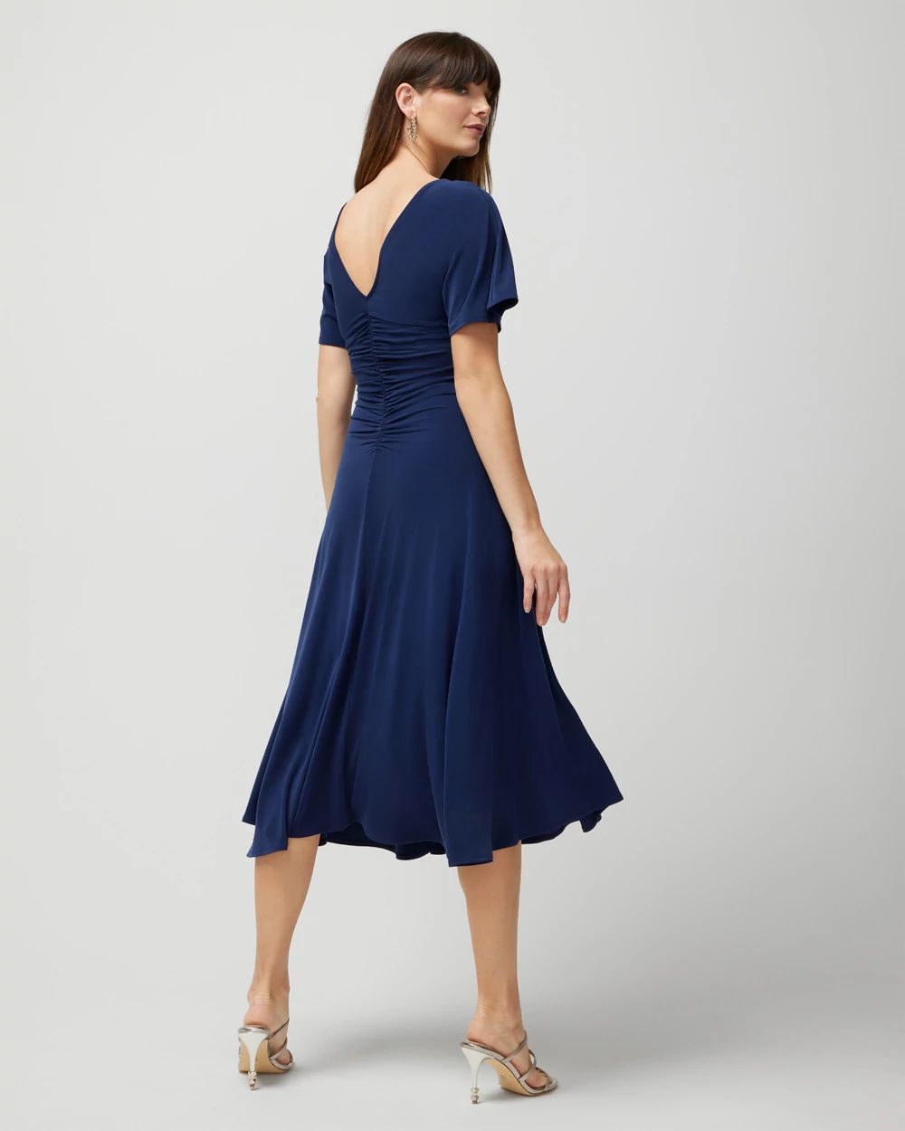 Short-Sleeve Ruched Front Midi Dress