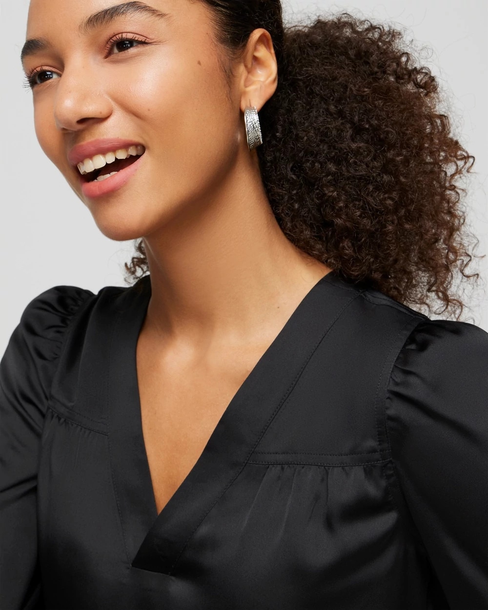 Long Sleeve Topstitch Satin Blouse