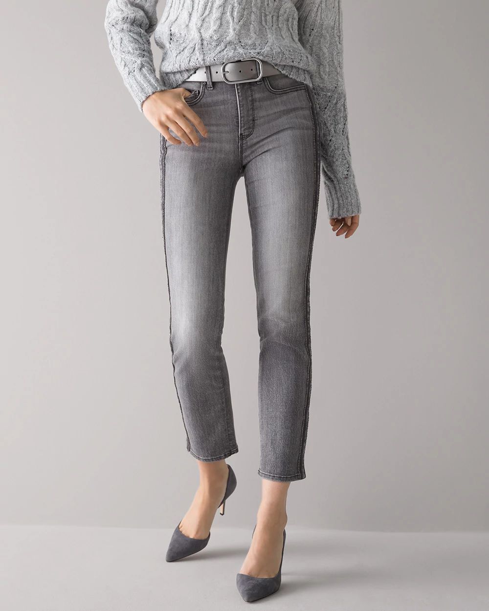 High-Rise Rhinestone Stripe Straight Jeans click to view larger image.