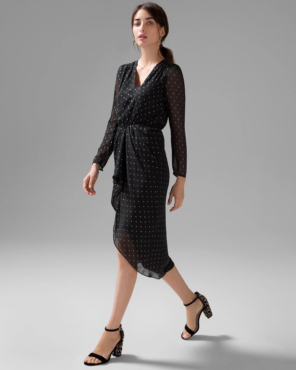 Petite Long Sleeve Black Silver Clip Midi Dress