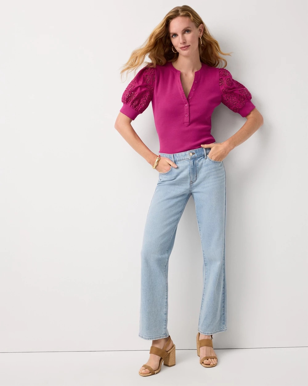 Poplin Eyelet Puff Sleeve Henley Top