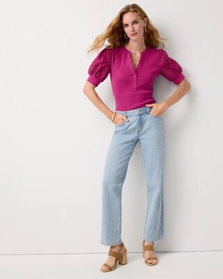 Poplin Eyelet Puff Sleeve Henley Top click to view larger image.